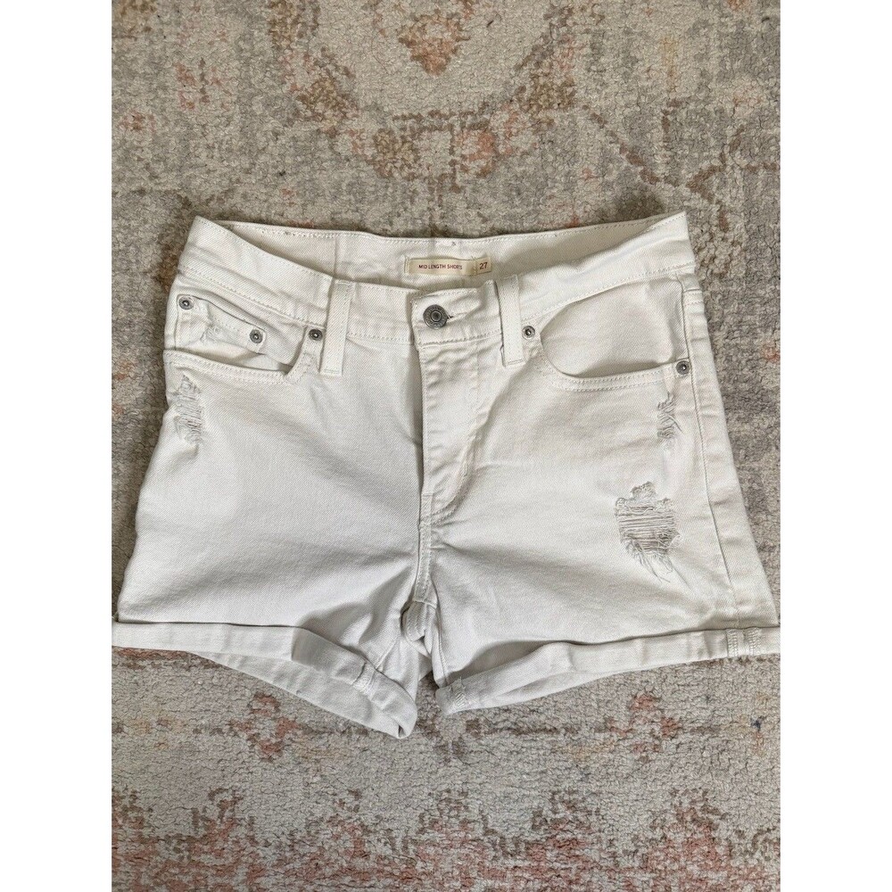 Levi's Mid Length White Distressed Denim Shorts Women's 27 Stretch Rolled Hem